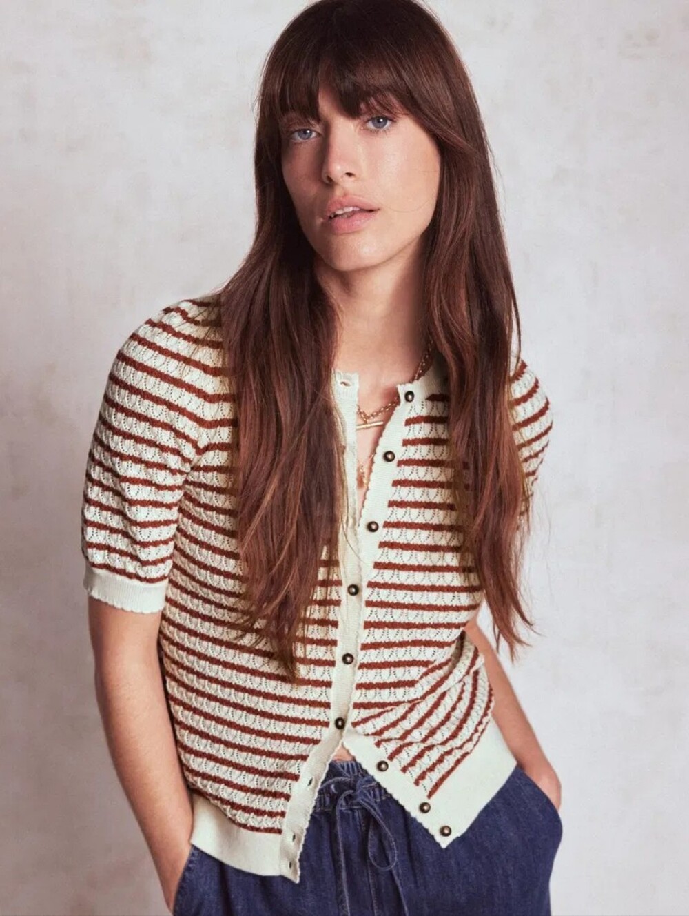 Boden Dot Pointelle Striped Short Sleeve Cardigan - Picture 5 of 14